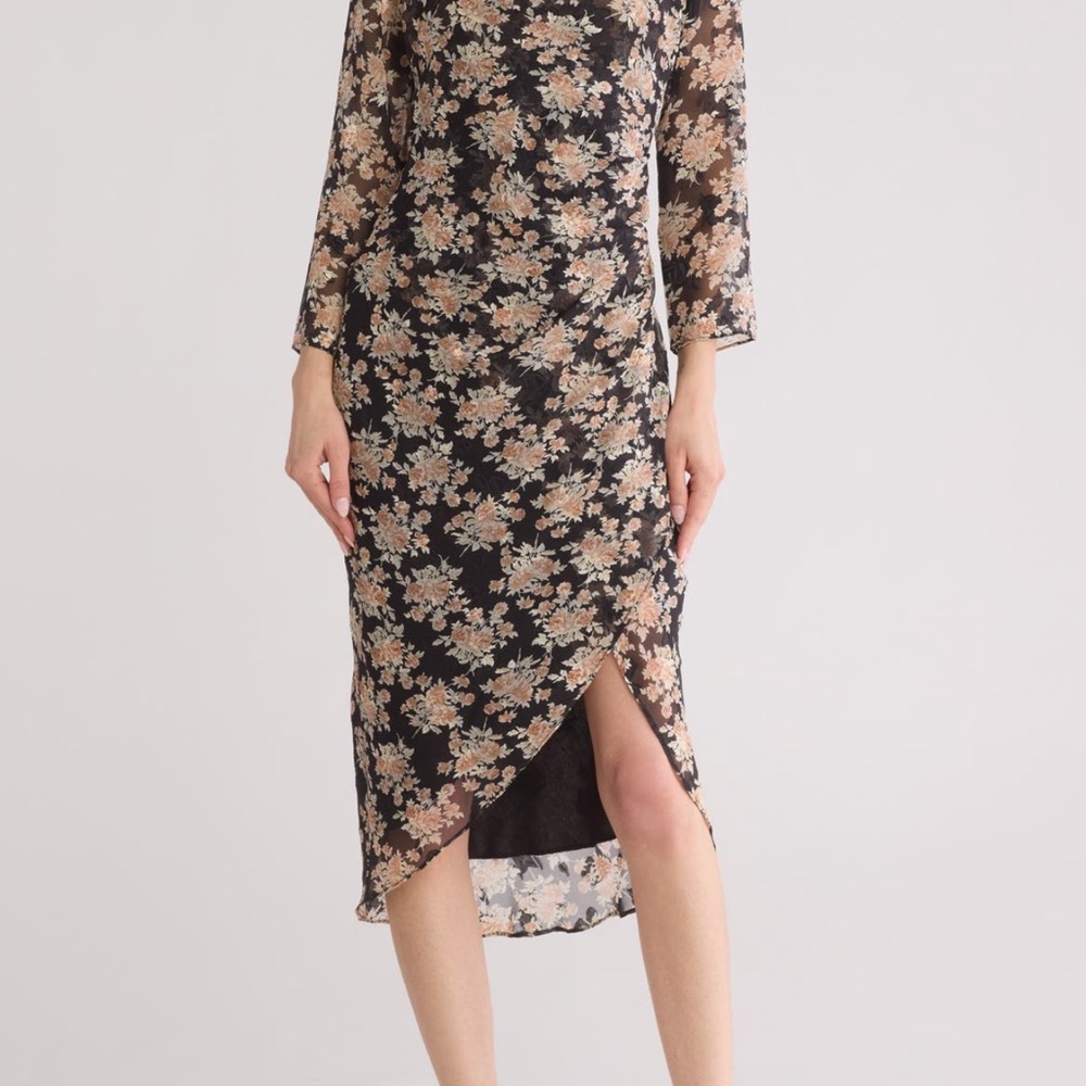 Lush Tan and Black Asymmetrical Wrap Dress with Bishop Sleeves